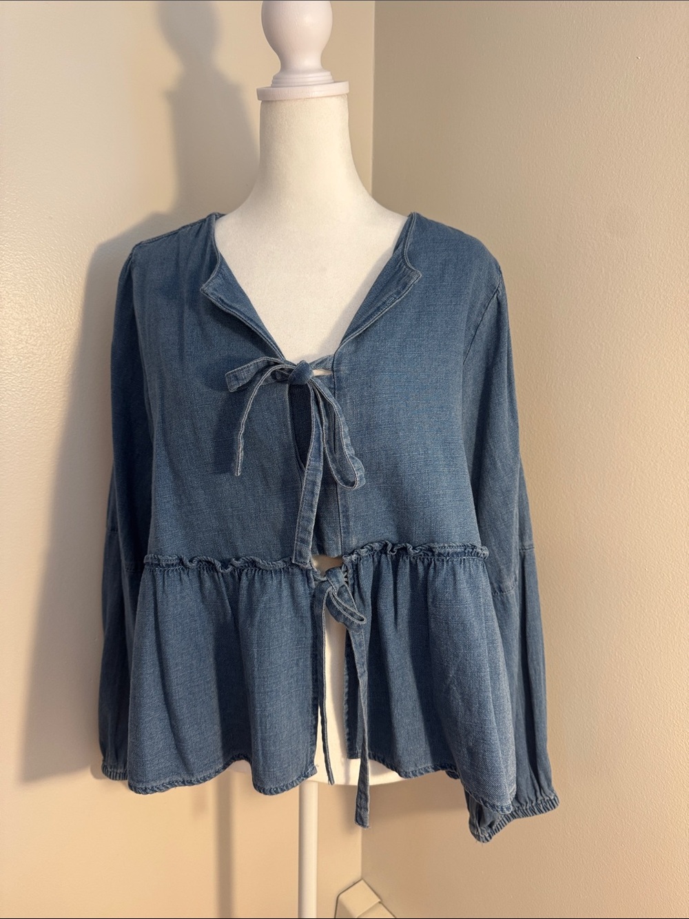 Washed Blue Denim Tie-Front Peplum Tunic